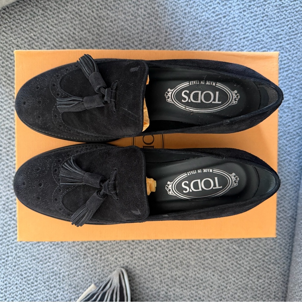 Tod's Black Suede Tassel Loafers